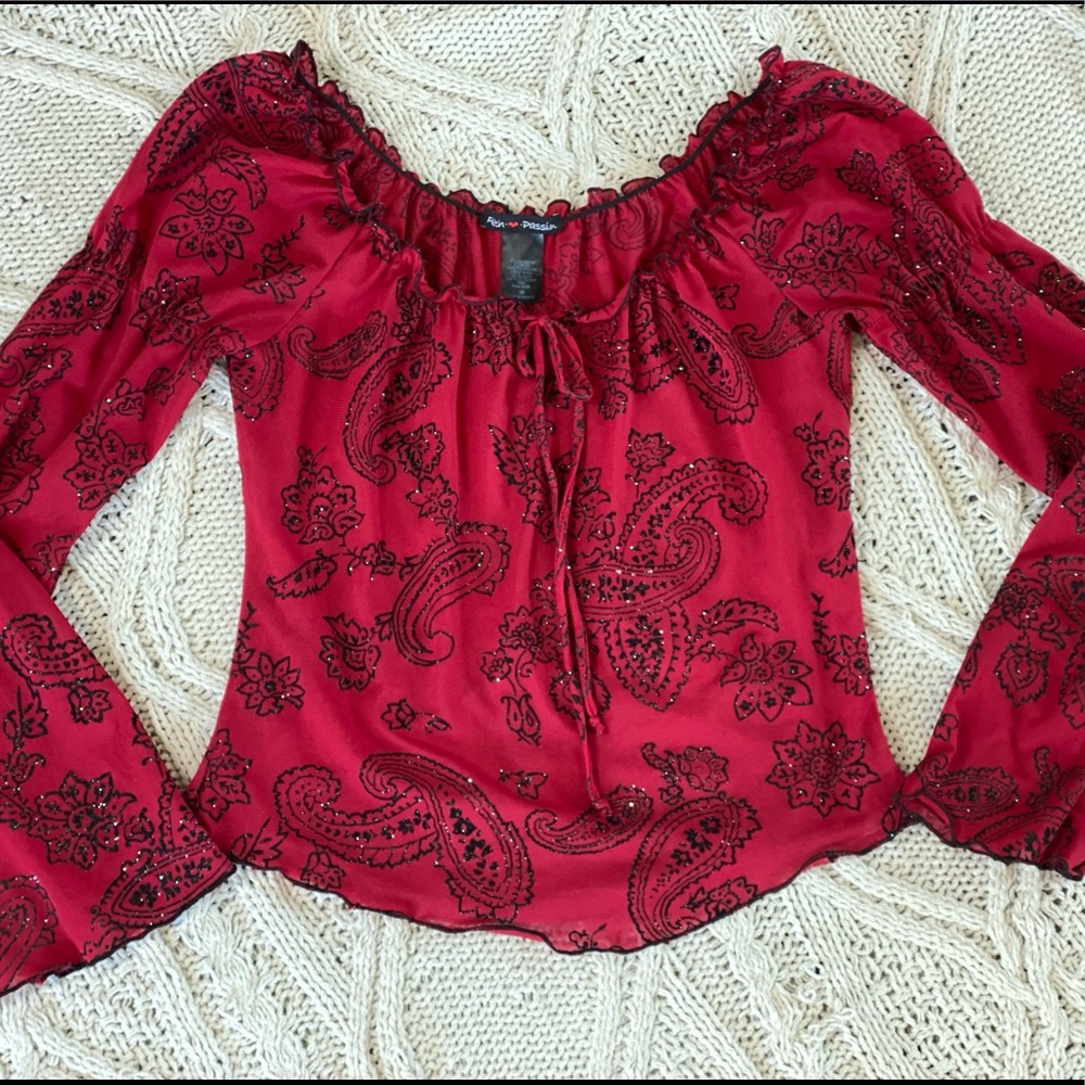 Rue21 Red Paisley Off-Shoulder Tie-Front Blouse